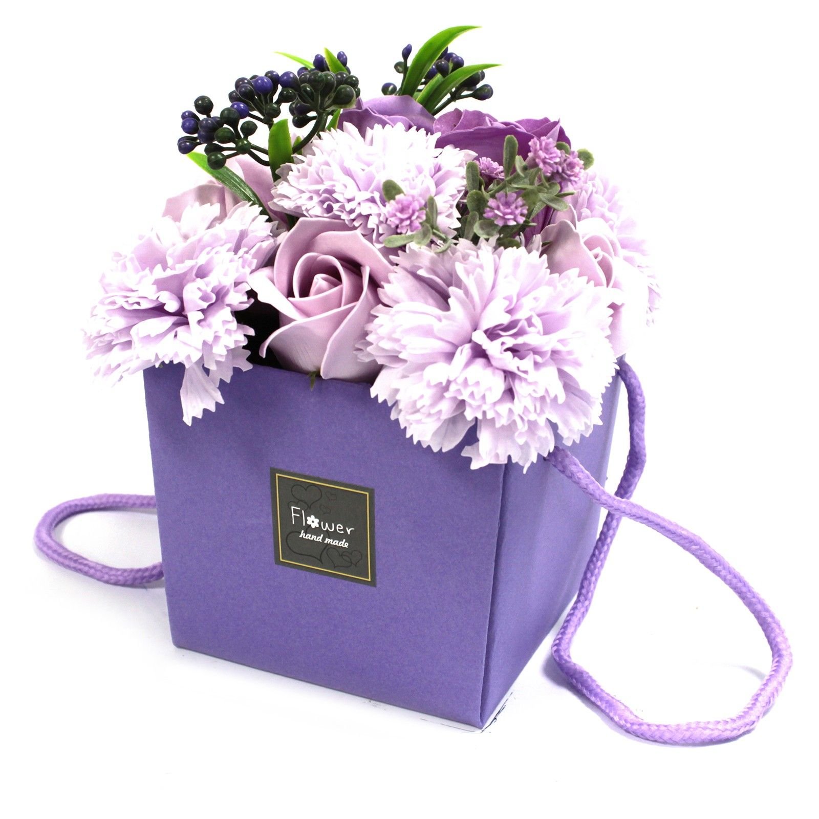 bG9jYWw6Ly9tZWRpYS9TSi9BQy82MFIzMEMxRzZHVjNBQ1NKL2JjNGI4NmRmLmpwZWc.jpg Ancient Wisdom Lavender Rose & Carnation Soap Flower Bouquet - Image 1