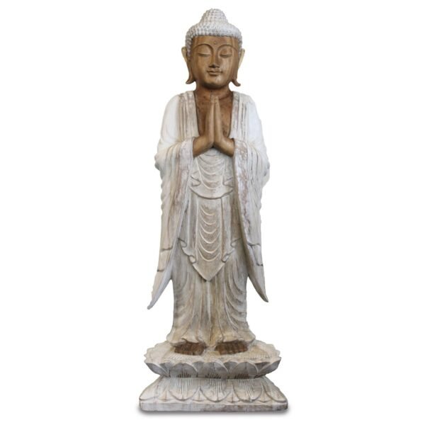 Ancient Wisdom Whitewash 1m Standing Suar Wood Welcome Buddha Statue
