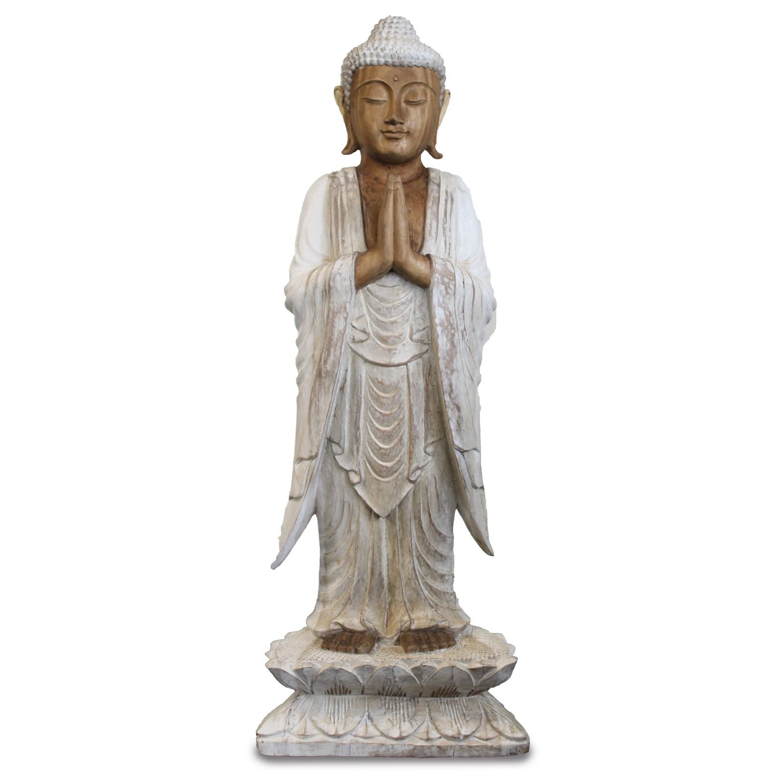 bG9jYWw6Ly9tZWRpYS9TSy80RC82MFIzMEMxRzZSVDM0RFNLLzQ2ZjQ5M2Y5LmpwZWc.jpg Ancient Wisdom Whitewash 1m Standing Suar Wood Welcome Buddha Statue - Image 1