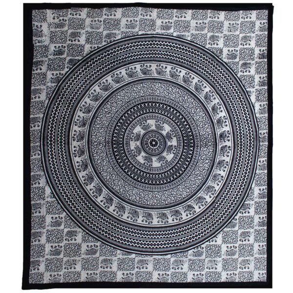 Ancient Wisdom Mono Double Cotton Bedspread + Wall Hanging – Elephant Mandala