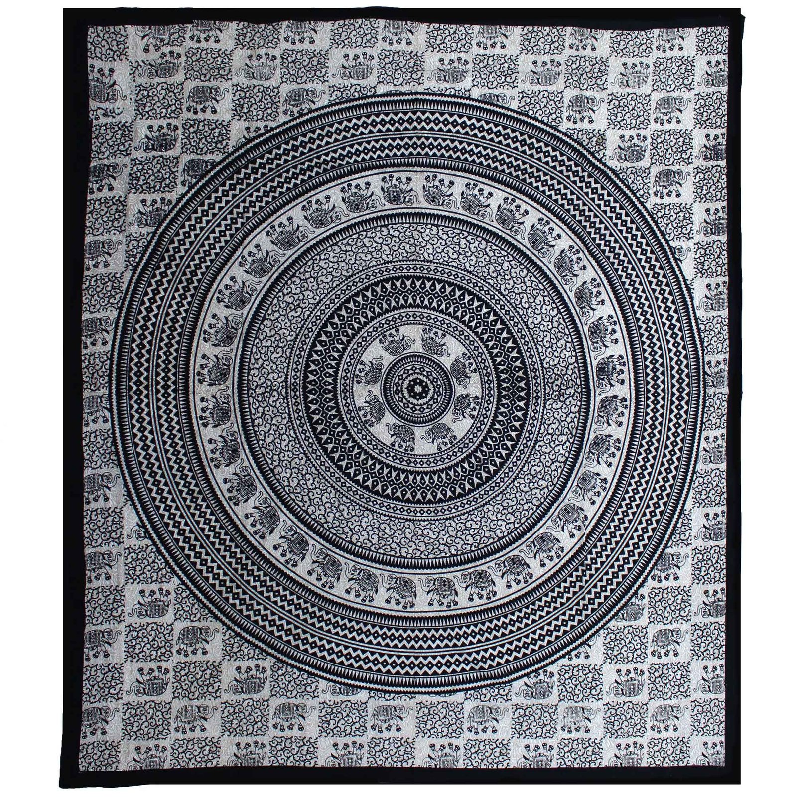 bG9jYWw6Ly9tZWRpYS9TSy8wQy82MFIzMEMxRzZXUjMwQ1NLLzU1N2UxYTYyLmpwZWc-1.jpg Ancient Wisdom Mono Double Cotton Bedspread + Wall Hanging – Elephant Mandala - Image 1