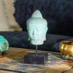 Ancient Wisdom Stillness Buddha Head On Stand - Green Copper - Image 3