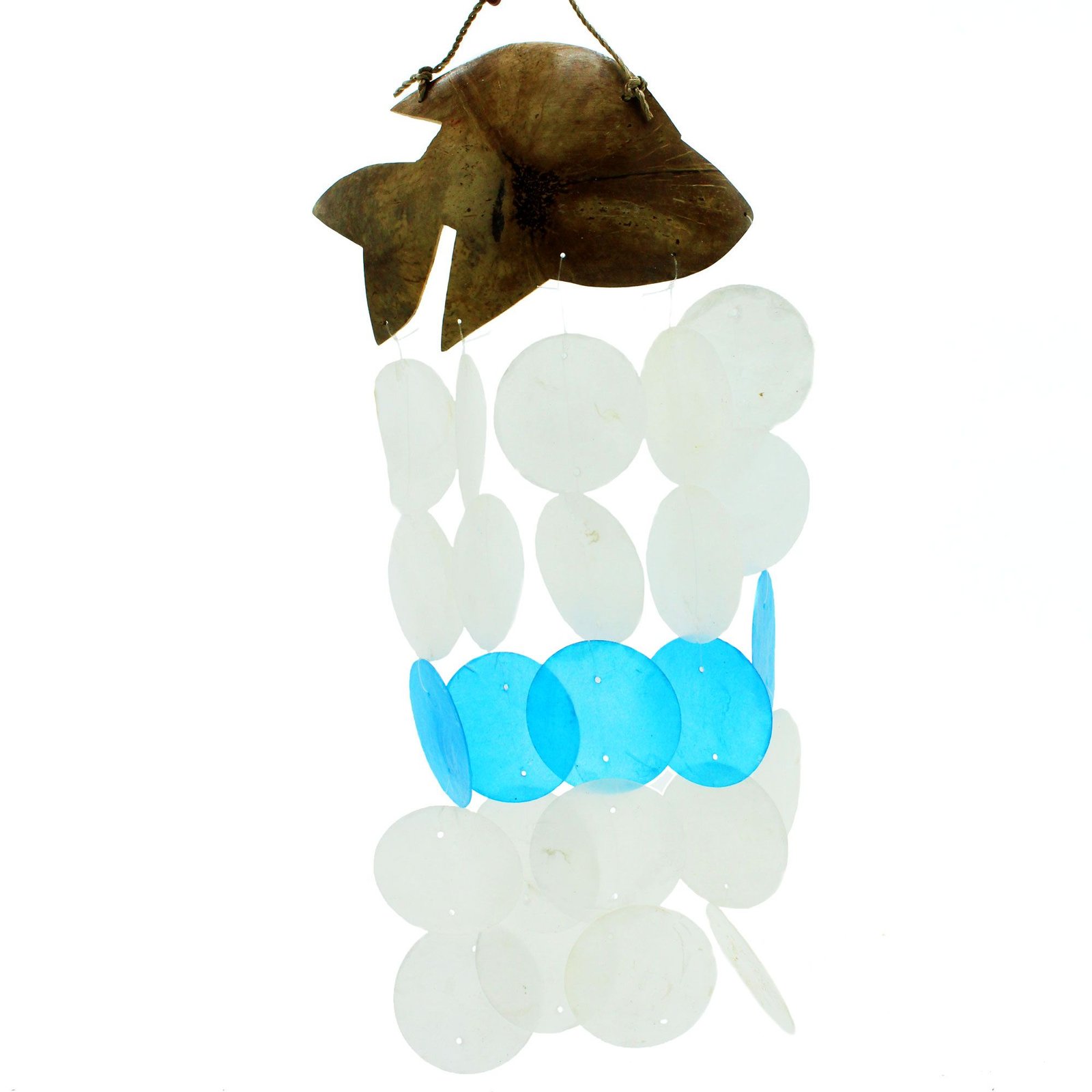 bG9jYWw6Ly9tZWRpYS9TTS9DQy82MFIzMEMxRzZXUzNDQ1NNLzExNzcxOGUxLmpwZWc.jpg Ancient Wisdom Coconut & Capiz Blue Dolphins Wind Chime - Image 1
