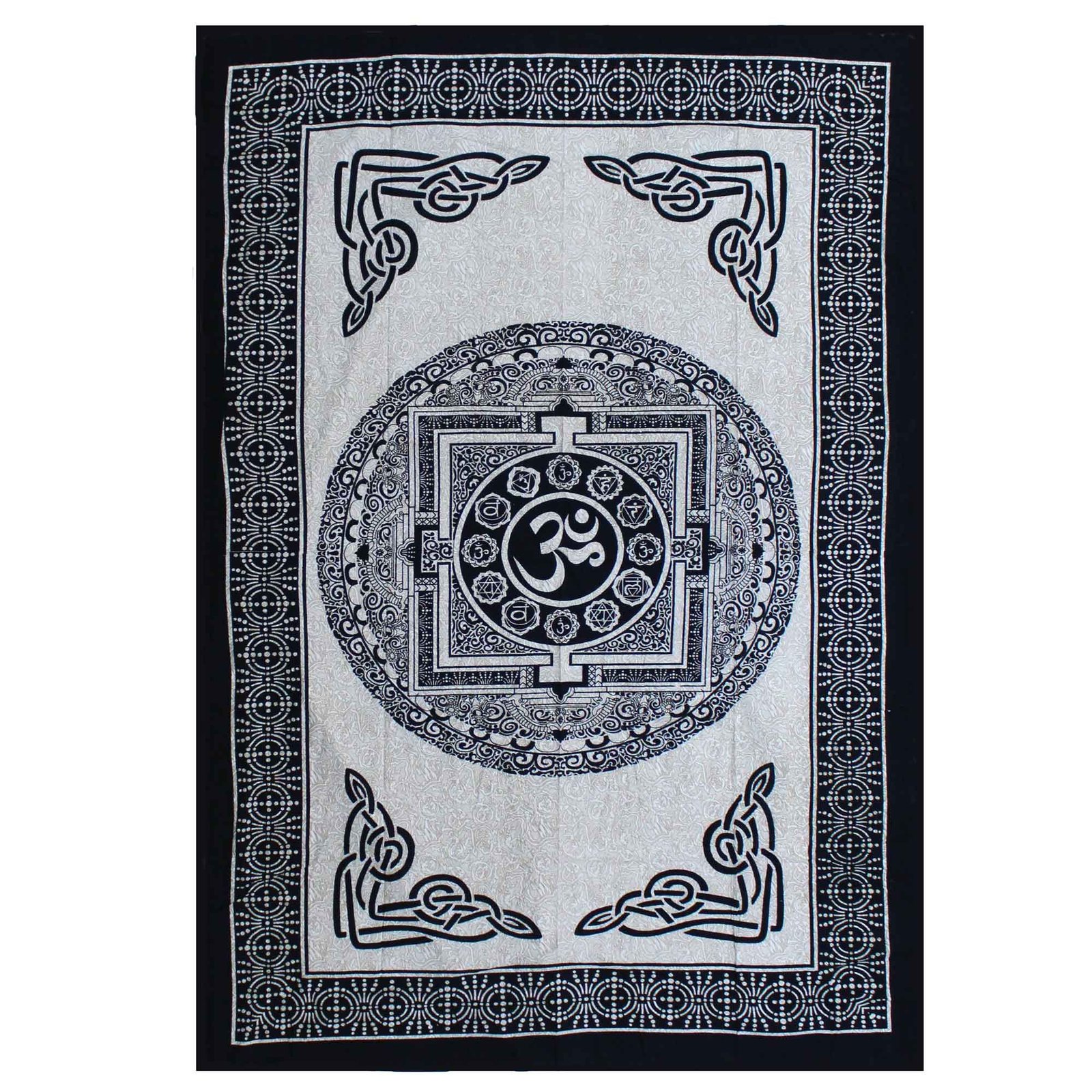 bG9jYWw6Ly9tZWRpYS9TUC8wQy82MFIzMEMxRzZXUjMwQ1NQLzg2M2M5OGY5LmpwZWc-1.jpg Ancient Wisdom Mono Single Cotton Bedspread + Wall Hanging – OM Mandala - Image 1