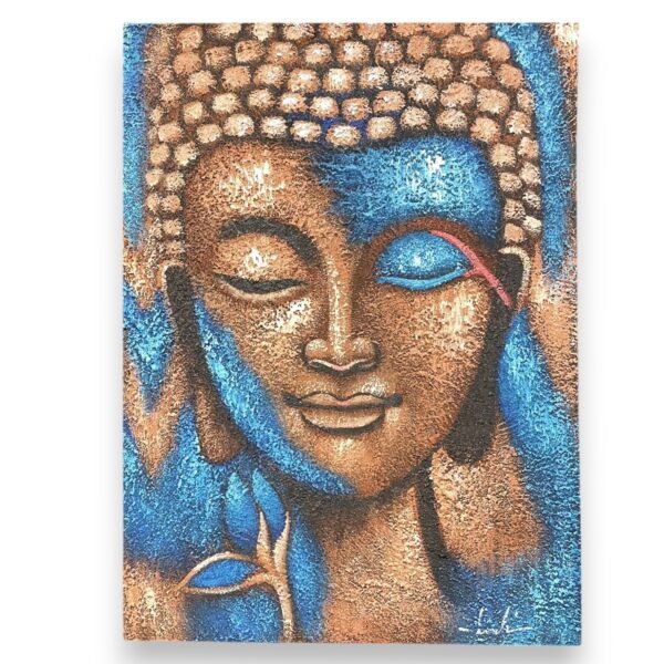 Ancient Wisdom Bronze & Blue Flower Buddha Painting – 75x55cm