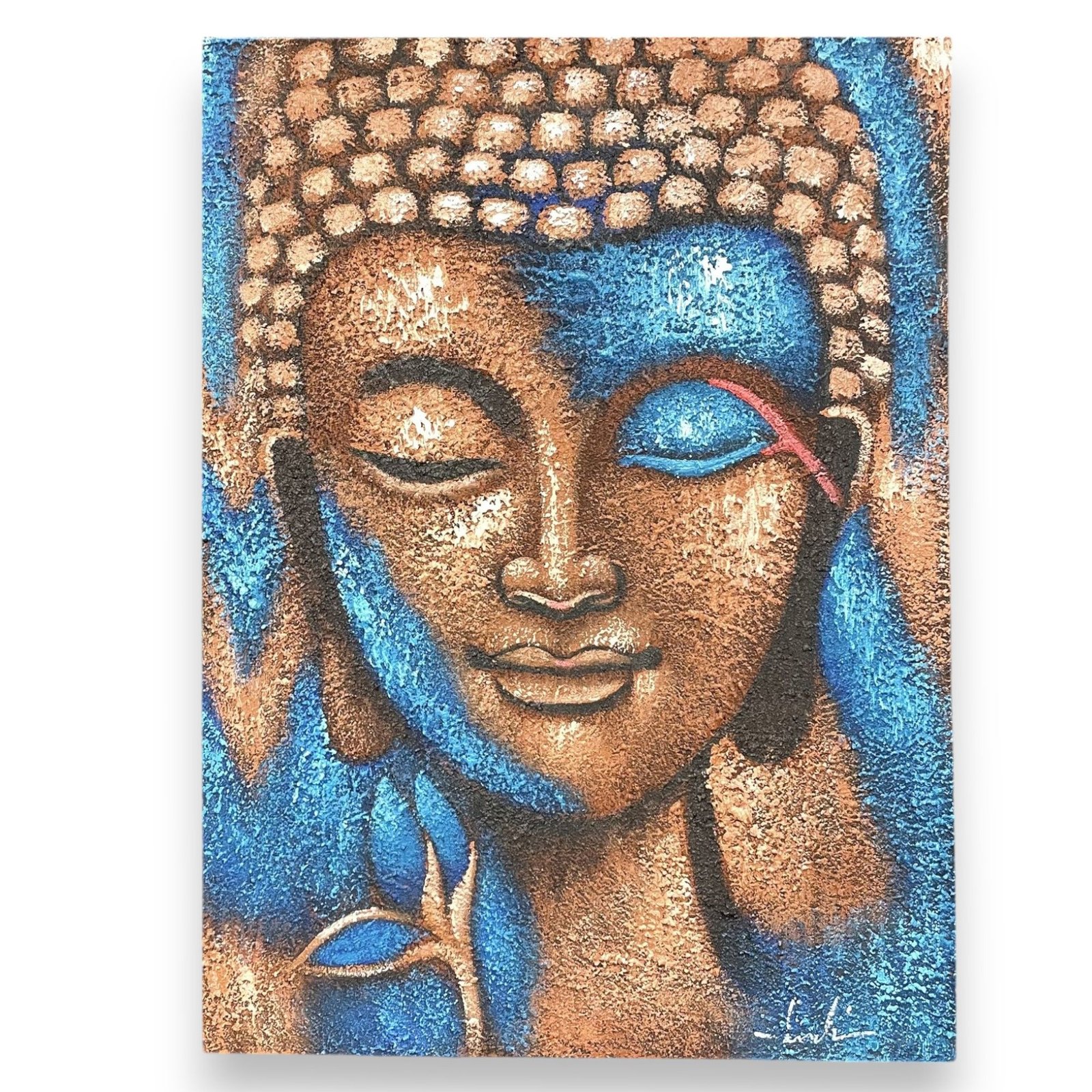 bG9jYWw6Ly9tZWRpYS9TUi9KQy82MFIzMEMxRzZXU0tKQ1NSL2QwMjk3MDNmLmpwZWc.jpg Ancient Wisdom Bronze & Blue Flower Buddha Painting – 75x55cm - Image 1