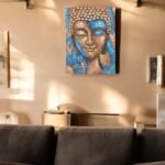 Ancient Wisdom Bronze & Blue Flower Buddha Painting – 75x55cm - Image 4