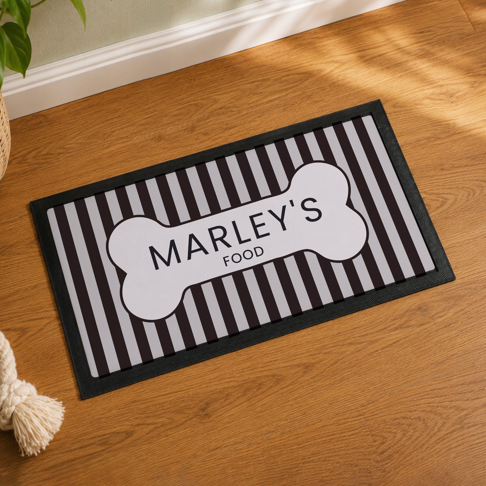 P0710L61 Personalised Black Stripe Pet Bowl Mat Personalised Black Stripe Pet Bowl Mat - Image 1