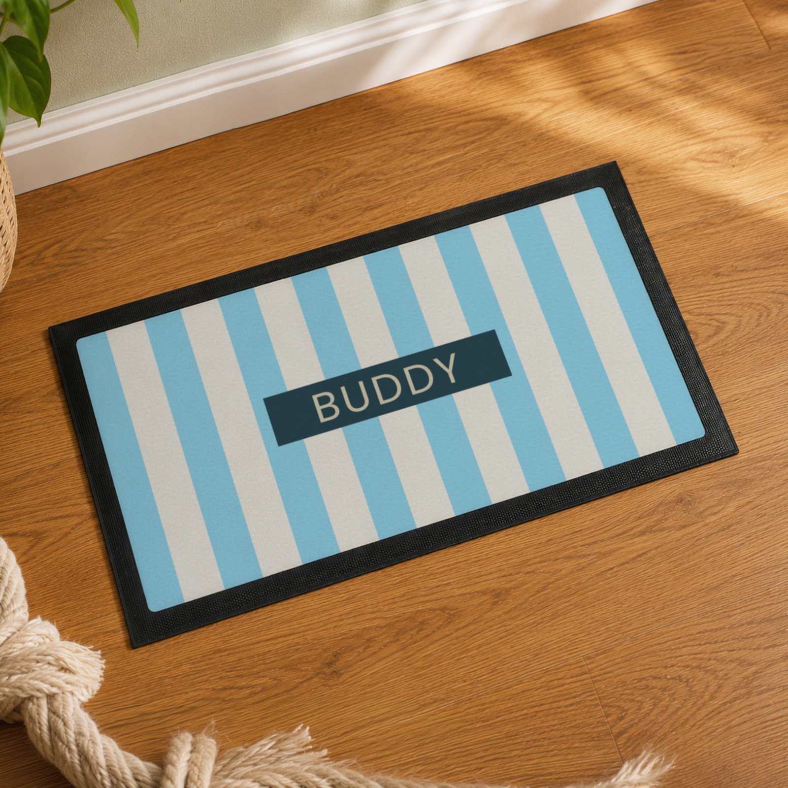 P0710L62 Personalised Blue Stripe Pet Bowl Mat Personalised Blue Stripe Pet Bowl Mat - Image 1