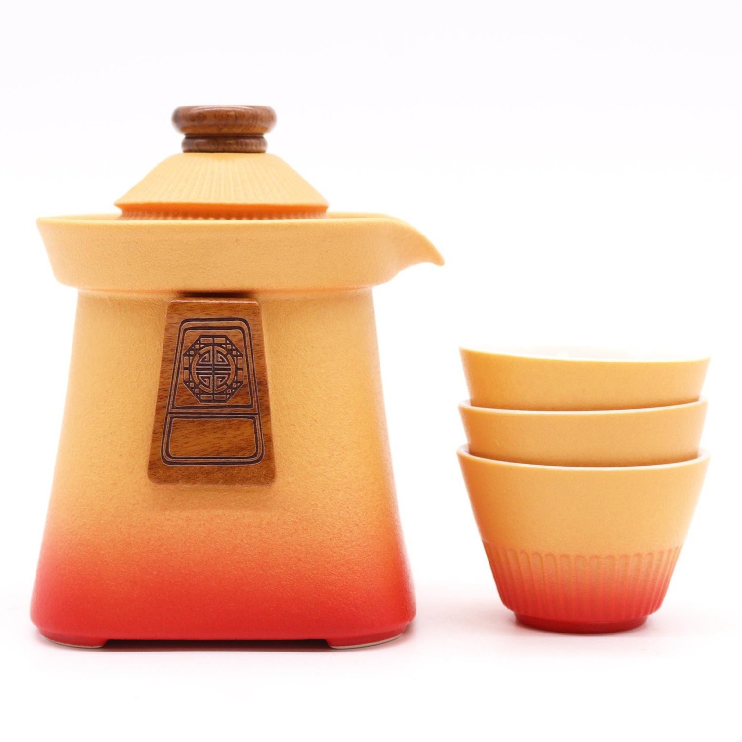 TeaP-33 Ancient Wisdom Ceramic Temple Teapot & Three Cups Set – Orange Earth Ancient Wisdom Ceramic Temple Teapot & Three Cups Set – Orange Earth - Image 1