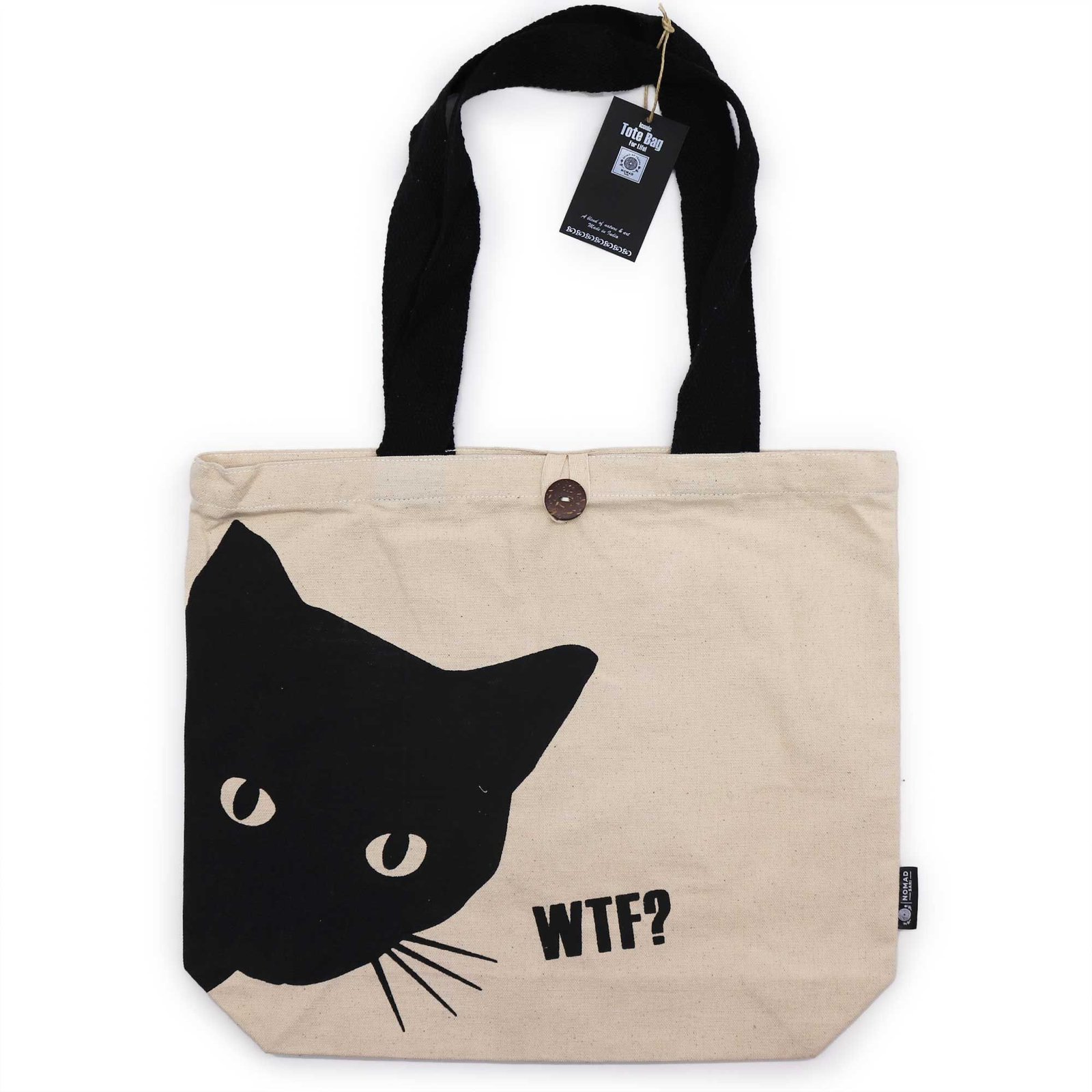 bG9jYWw6Ly9tZWRpYS85SC9FRC82MFIzMEMxSDc0VzNFRDlILzk1YTMyMjBjLmpwZWc.jpg Nomad Sari Natural Iconic Classic Cotton Tote Bag – Black Cat Design - Image 1
