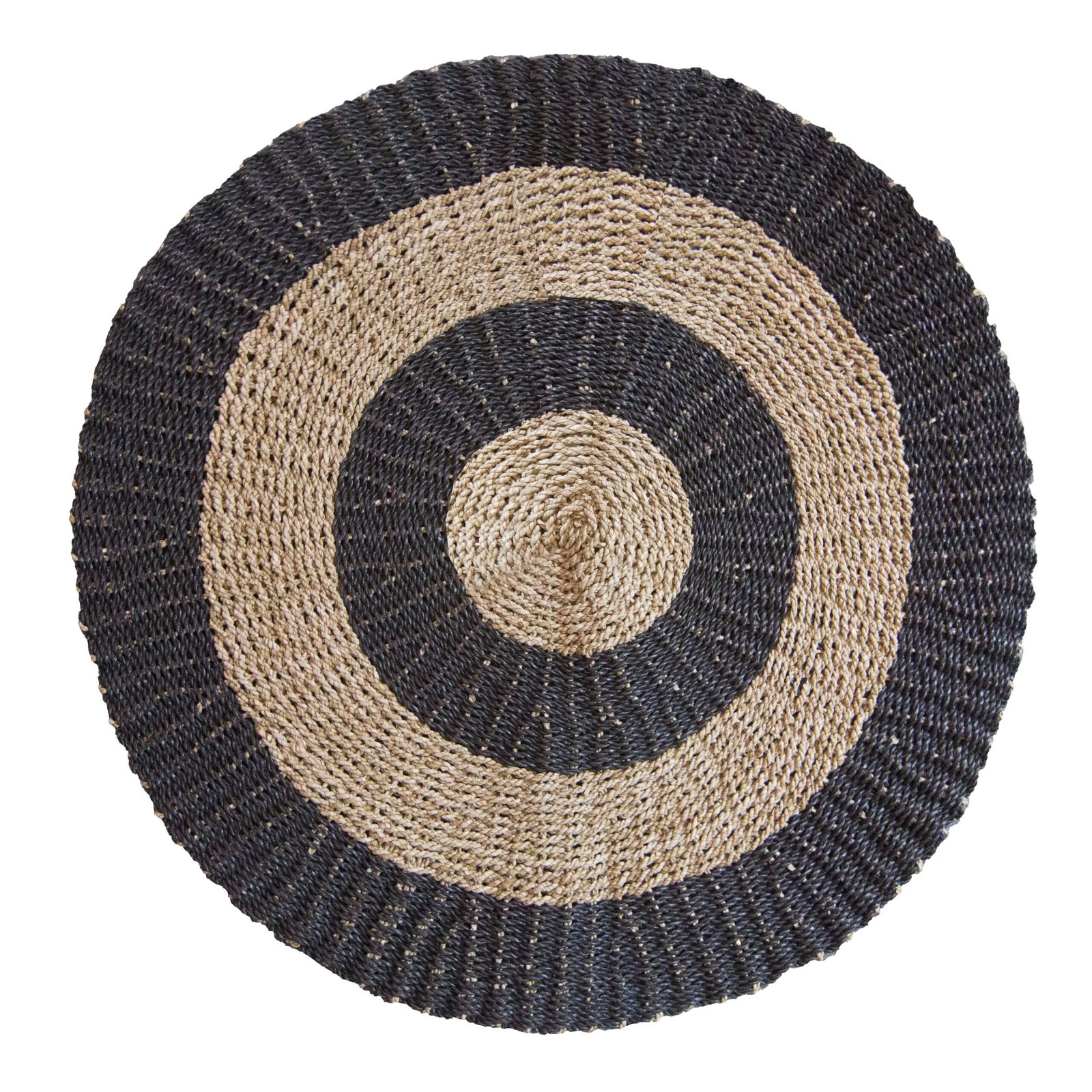 bG9jYWw6Ly9tZWRpYS85Si8wRS82MFIzMEMxRzZSVDMwRTlKLzA3OTIzNDE2LmpwZWc.jpg Ancient Wisdom Round Seagrass Circles Black & Tan Rug – 1m - Image 1