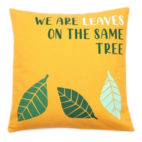 Ancient Wisdom Set of 3 ‘We Are Leaves’ Printed Cotton Cushion Covers – Yellow, Blue & Natural
