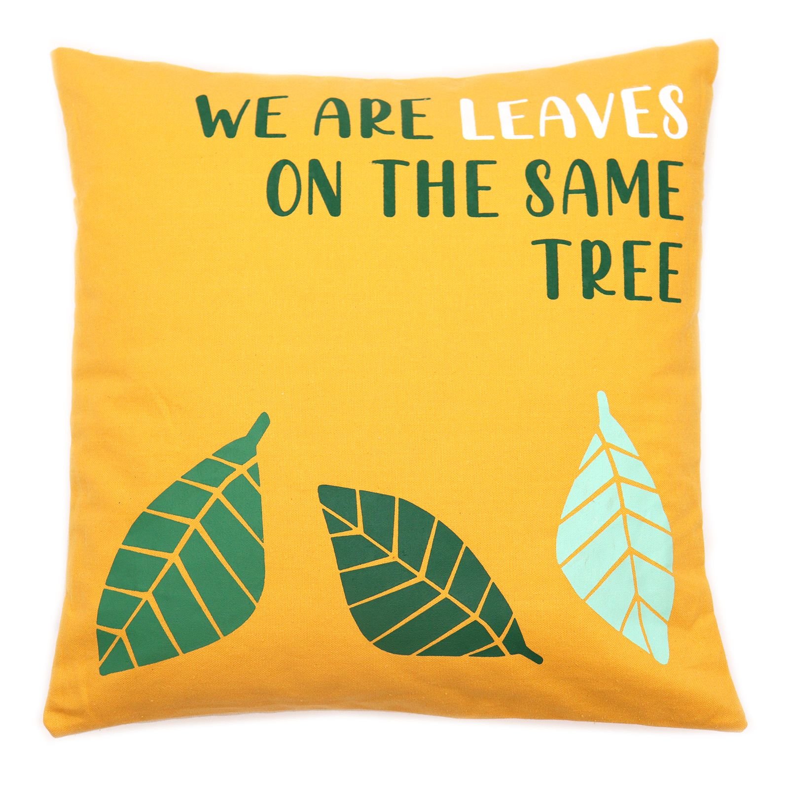 bG9jYWw6Ly9tZWRpYS85Si9DRS82MFIzMEMxRzZSU0tDRTlKLzAwNjllNzkxLmpwZWc.jpg Ancient Wisdom Set of 3 ‘We Are Leaves’ Printed Cotton Cushion Covers – Yellow, Blue & Natural - Image 1