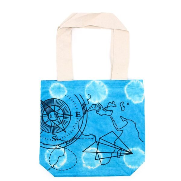 Ancient Wisdom Compass Design Blue Tye-Dye Cotton Bag with Natural Handle