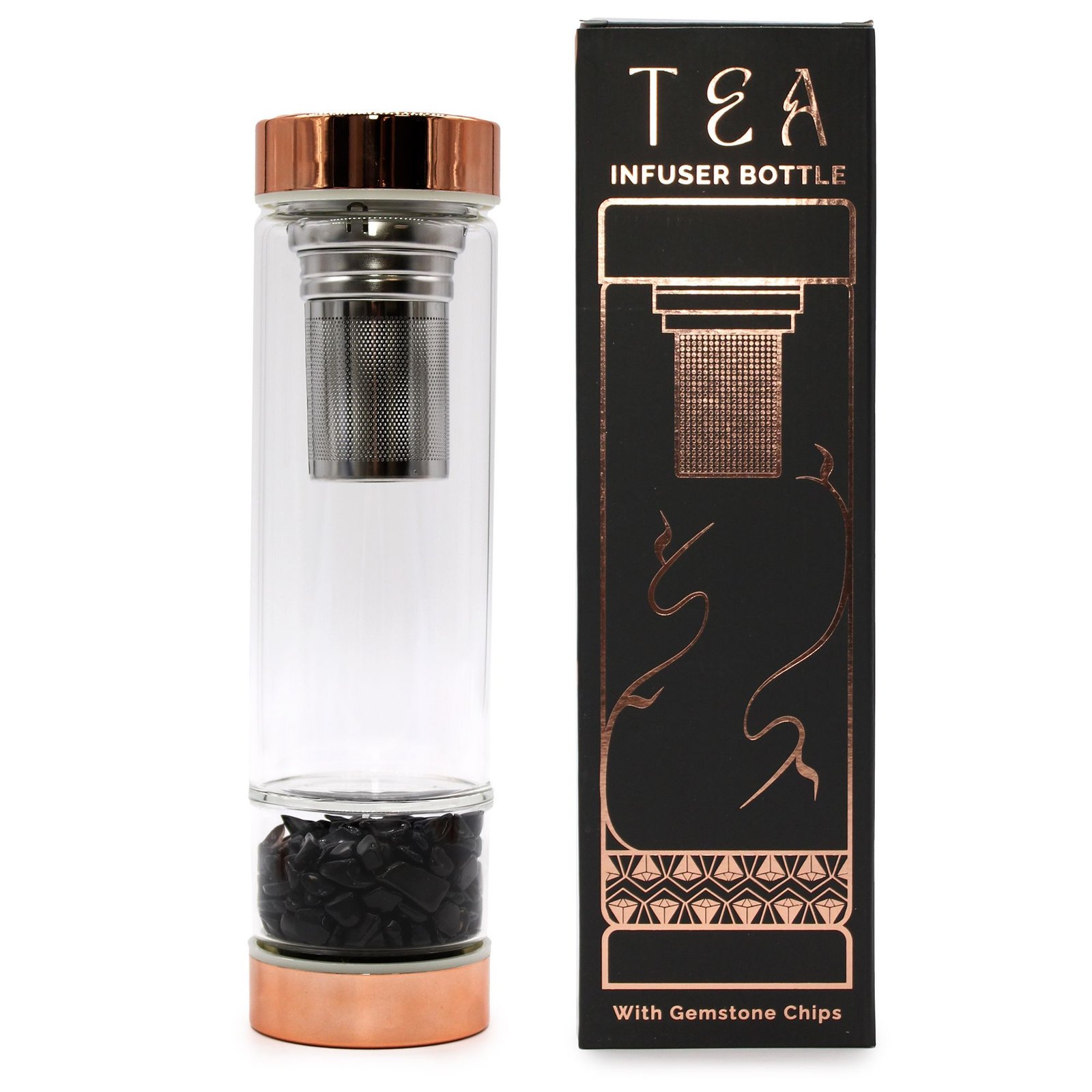 bG9jYWw6Ly9tZWRpYS85Sy9HRC82MFIzMEMxRzZSVktHRDlLLzI5MzJlYjMyLmpwZWc.jpg Ancient Wisdom Rose Gold Crystal Glass Tea Infuser Bottle - Onyx - Image 1