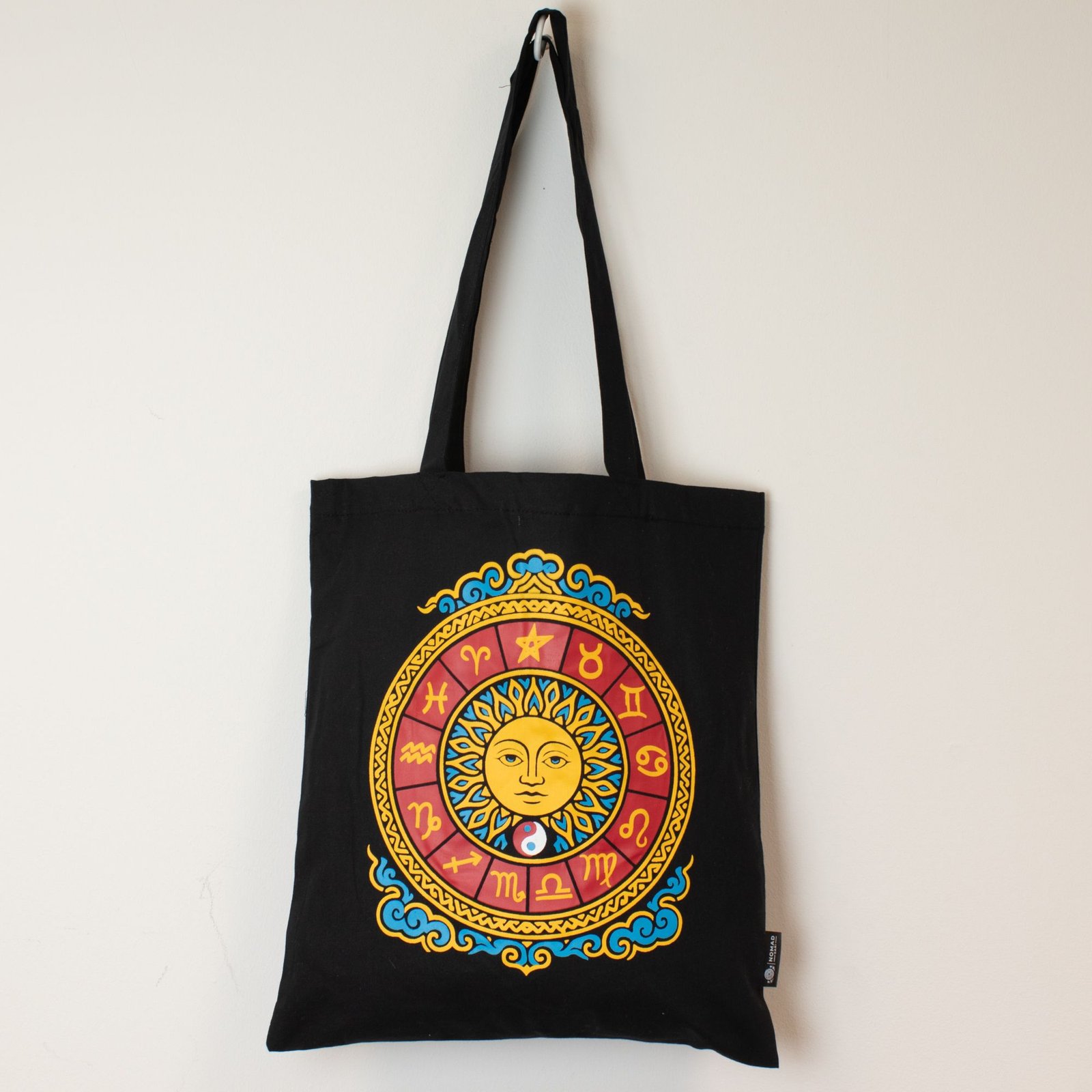 bG9jYWw6Ly9tZWRpYS85Ti9DRC82MFIzMEMxSjZDUzNDRDlOL2EyMTA4YmViLmpwZw.jpg Ancient Wisdom Iconic Black Cotton Classic Tote Bag - Zodiac Sun - Image 1