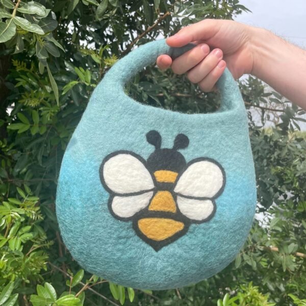 Ancient Wisdom One Handle with Magnet Water Felted Bee Bag - Blue / Green