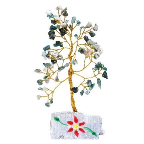 Ancient Wisdom Moss Agate Gemstone Tree (80 Stones) On Gemstone Rock Base