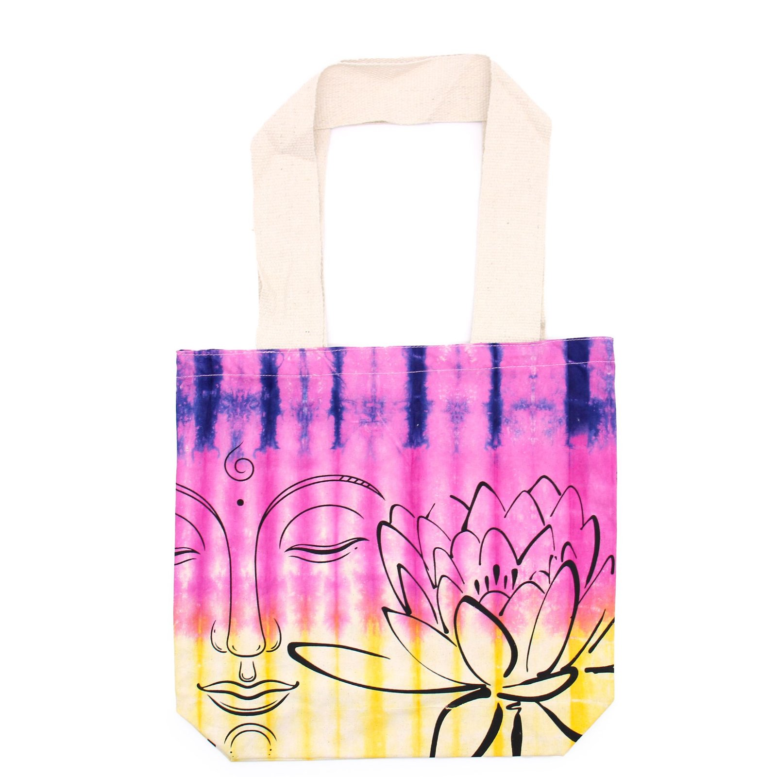 bG9jYWw6Ly9tZWRpYS85US8yQy82MFIzMEMxRzZSVzMyQzlRLzZkYzgwOTVlLmpwZWc.jpg Ancient Wisdom Lotus Buddha Design Multicoloured Tye-Dye Cotton Bag with Natural Handle - Image 1