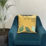 Ancient Wisdom Set of 3 ‘We Are Leaves’ Printed Cotton Cushion Covers – Yellow, Blue & Natural - Image 6