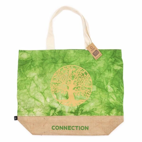 Ancient Wisdom Green Stonewash Jute & Cotton All Natural Bag – Tree of Life (Connection)