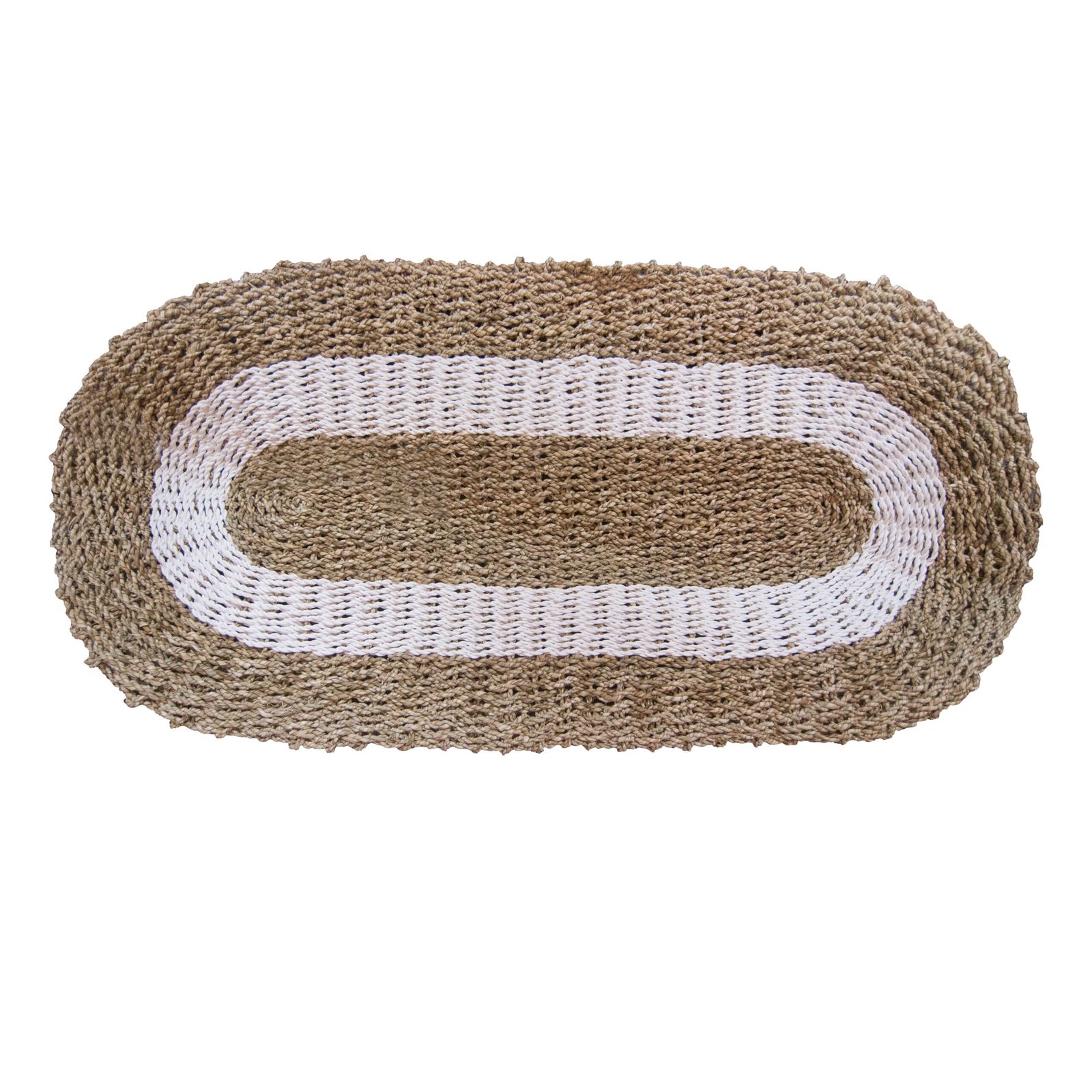 bG9jYWw6Ly9tZWRpYS8xRy8yQy82MFIzMEMxRzZSVDMyQzFHL2FmMzA1MmFkLmpwZWc.jpg Ancient Wisdom Oval Seagrass White & Tan Classic Rug – 60x120cm - Image 1