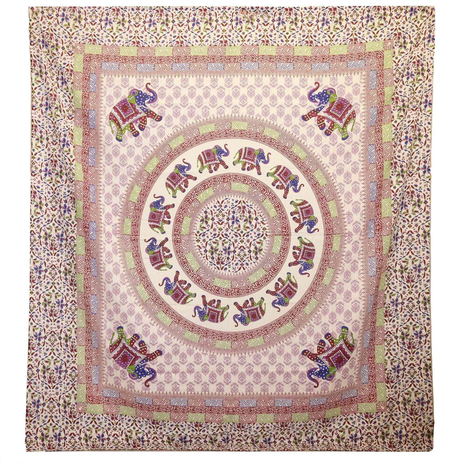 bG9jYWw6Ly9tZWRpYS8xRy9DRS82MFIzMEMxRzZXVDNDRTFHL2M5OTgzM2FjLmpwZWc.jpg Ancient Wisdom Elephant Mandala Wall Hanging & Beach Spread – Purple/Blue On Cream - Image 1