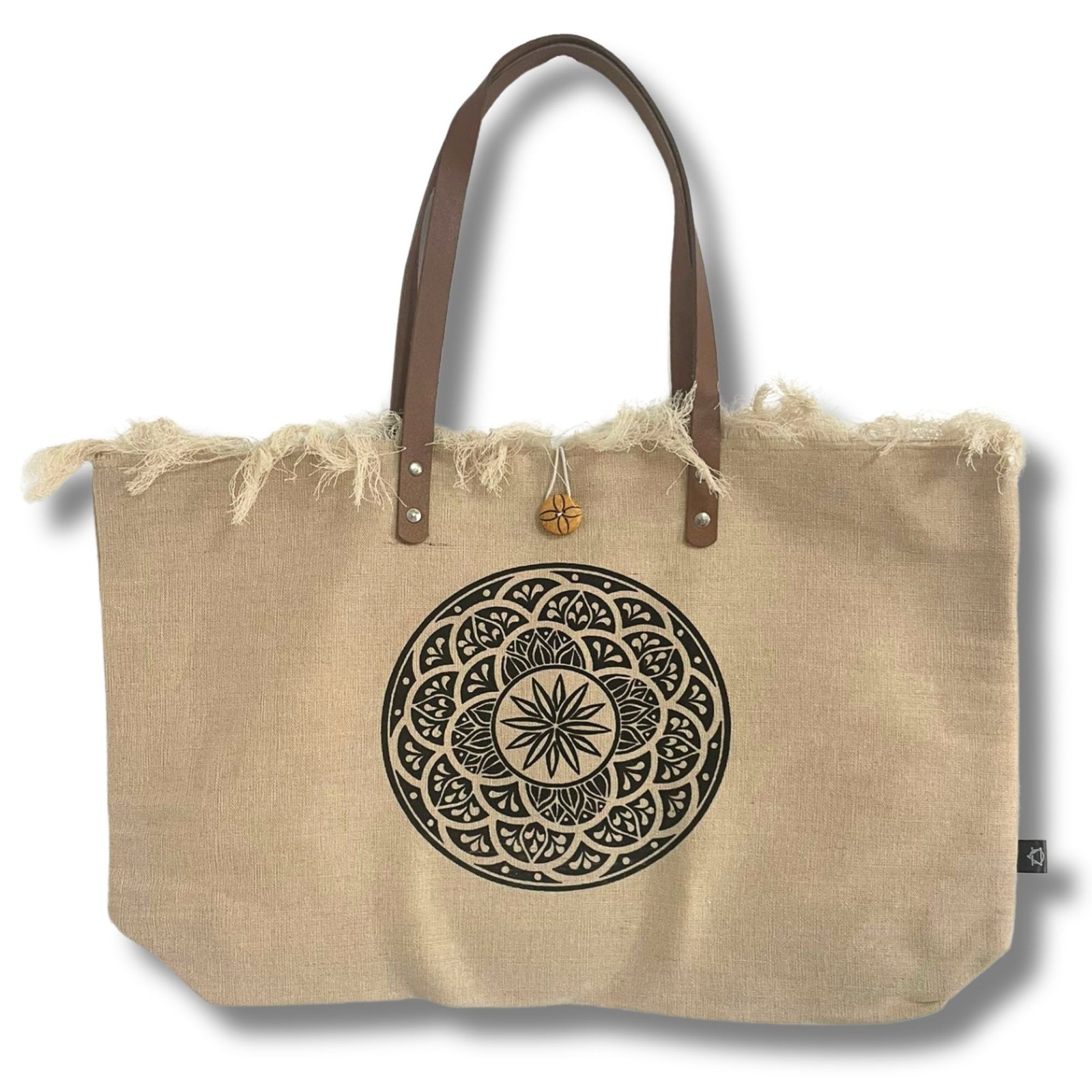 bG9jYWw6Ly9tZWRpYS8xSC8yRC82MFIzMEMxRzZXVEsyRDFILzBmNDFlOGNlLmpwZWc.jpg Ancient Wisdom Natural Cotton Canvas Tote Bag with Leather Handle – Mandala Design - Image 1