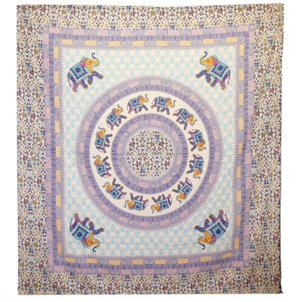 Ancient Wisdom Elephant Mandala Wall Hanging & Beach Spread – Turquoise/Blue On Cream