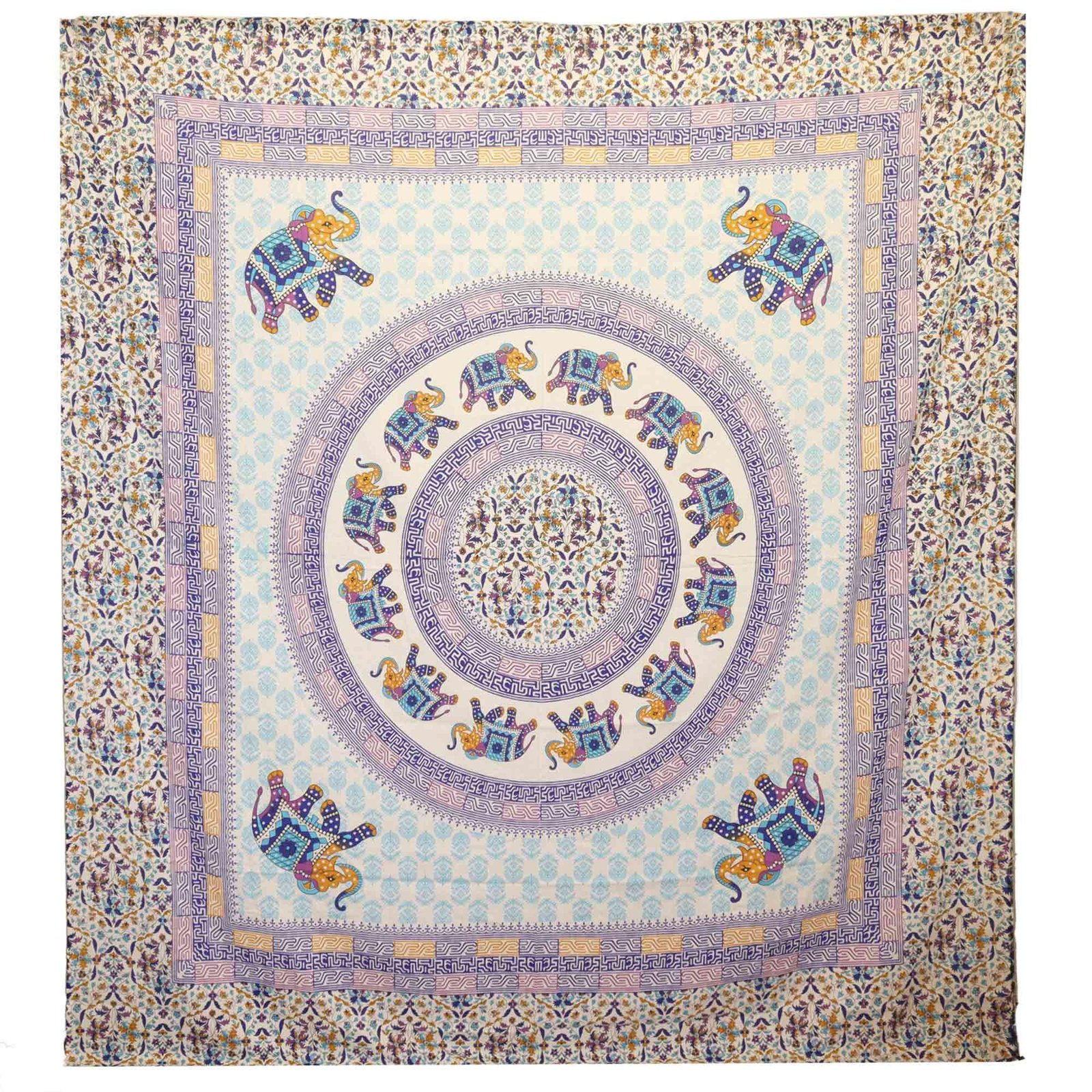 bG9jYWw6Ly9tZWRpYS8xSC9DRS82MFIzMEMxRzZXVDNDRTFIL2E0NjQ0ZDM3LmpwZWc.jpg Ancient Wisdom Elephant Mandala Wall Hanging & Beach Spread – Turquoise/Blue On Cream - Image 1