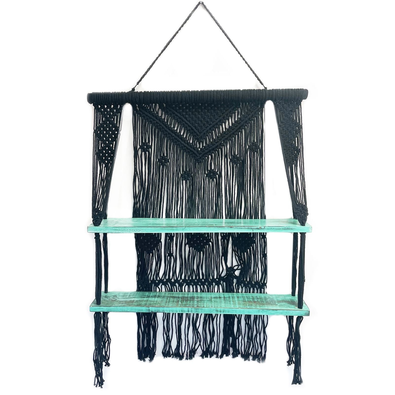 bG9jYWw6Ly9tZWRpYS8xSC9FRC82MFIzMEMxRzZSU0tFRDFIL2Y1YzlhZDA1LmpwZWc.jpg Ancient Wisdom Black Macrame Hanging Shelves - Turquoise - Image 1