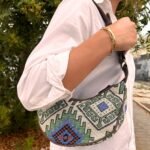 Ancient Wisdom Jacquard Geometric Green with Brown Strap Hobo Bag