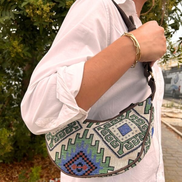 Ancient Wisdom Jacquard Geometric Green with Brown Strap Hobo Bag