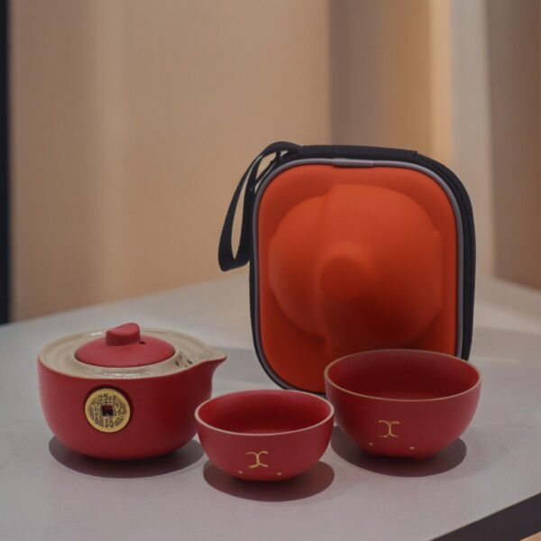 Ancient Wisdom Money Cat Teapot & Two Cups Travel Pack Set – Red