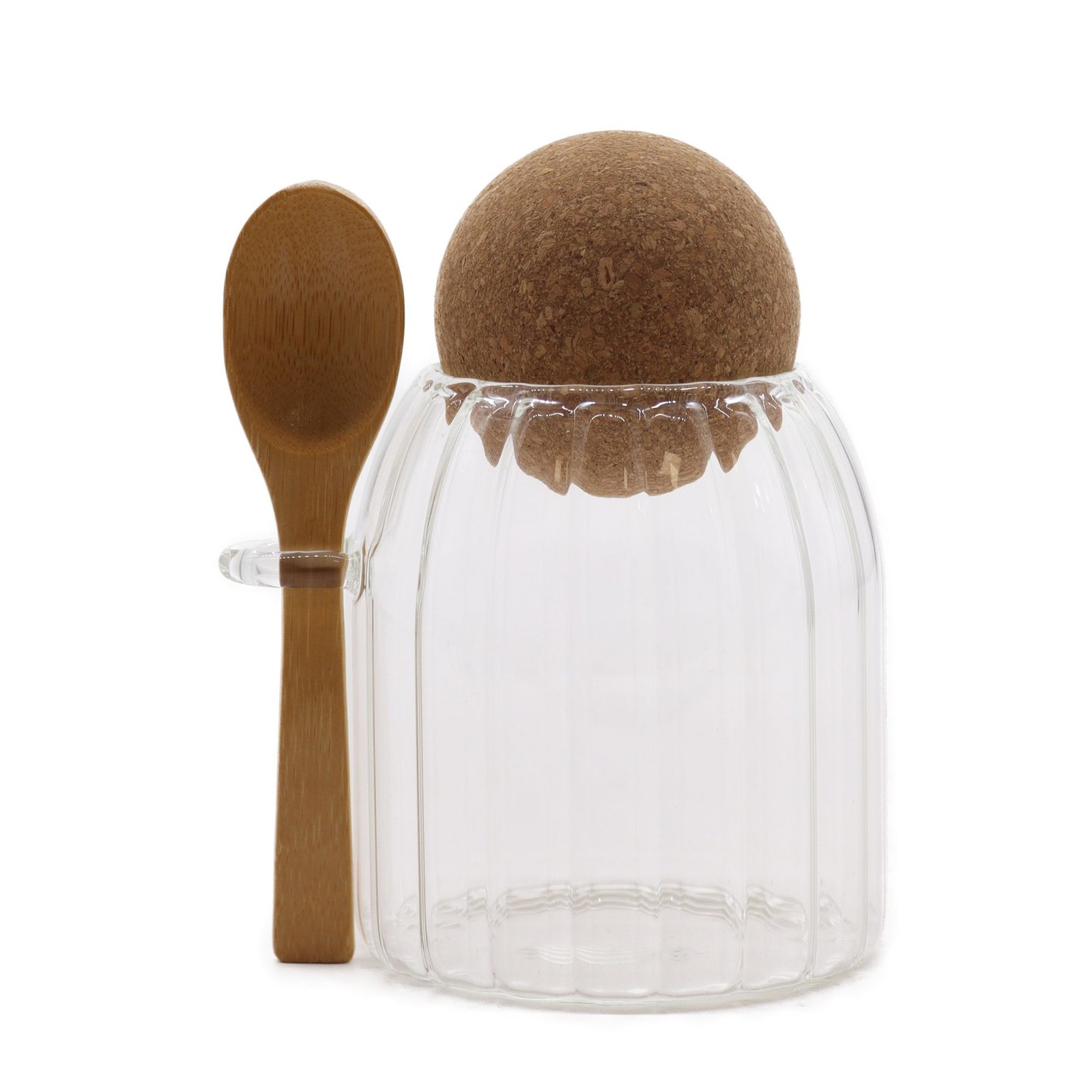 bG9jYWw6Ly9tZWRpYS8xSi80Qy82MFIzMEMxSDc0UjM0QzFKLzgzYmU3MTIwLmpwZWc.jpg Ancient Wisdom Clear 10cm Cottage Bamboo Ball Ribbed Glass Jar & Spoon - Image 1