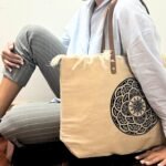 Ancient Wisdom Natural Cotton Canvas Tote Bag with Leather Handle – Mandala Design - Image 2