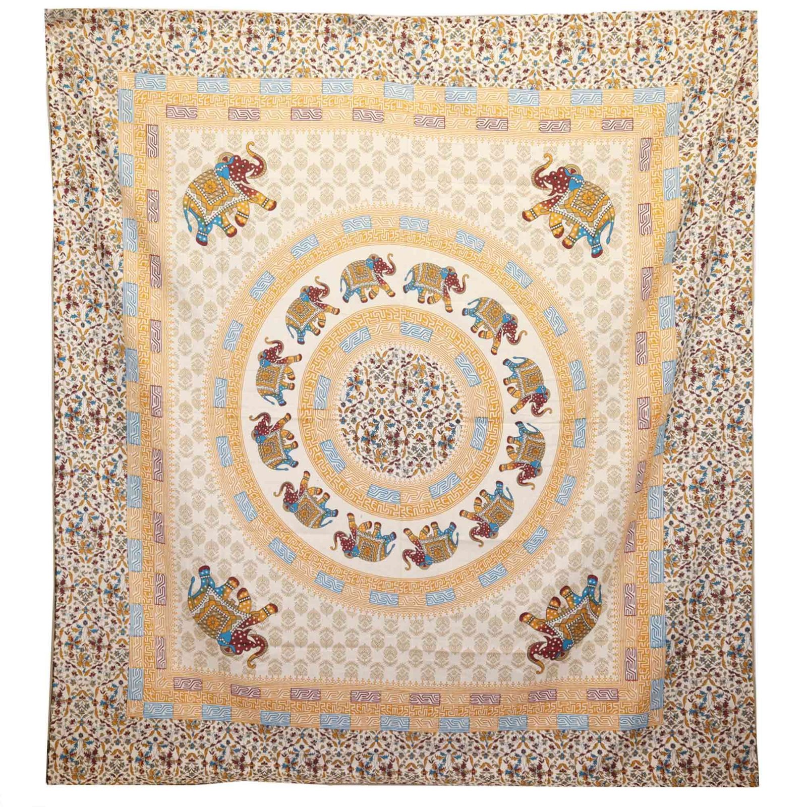 bG9jYWw6Ly9tZWRpYS8xSi9DRS82MFIzMEMxRzZXVDNDRTFKL2QzMmFmMWQwLmpwZWc.jpg Ancient Wisdom Elephant Mandala Wall Hanging & Beach Spread – Brown/Orange On Cream - Image 1