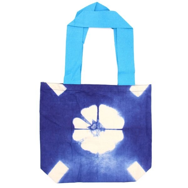 Ancient Wisdom Blue Flower Design Natural Tye-Dye Cotton Bag with Blue Handle