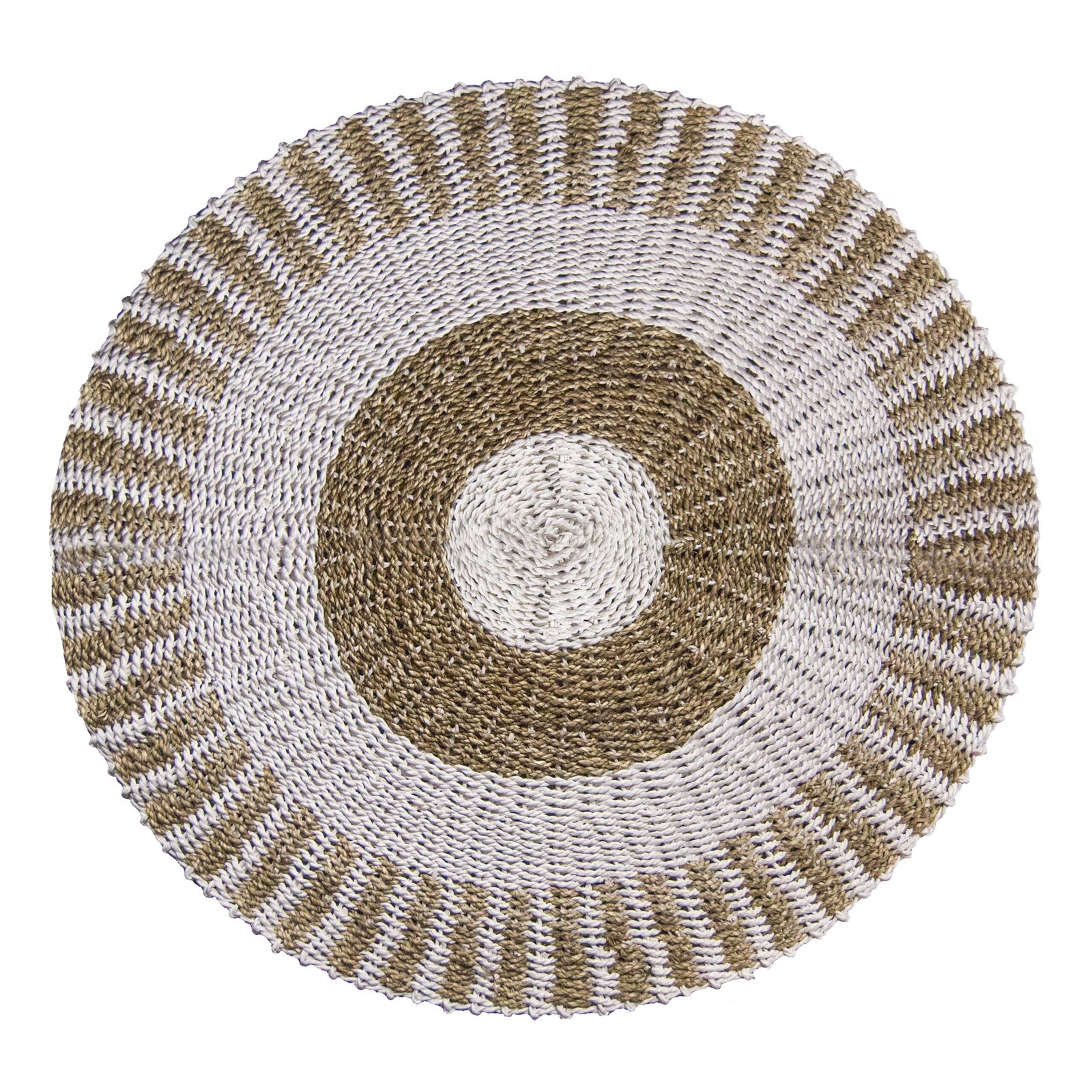 bG9jYWw6Ly9tZWRpYS8xTS8wRS82MFIzMEMxRzZSVDMwRTFNLzMwYWVhN2E5LmpwZWc.jpg Ancient Wisdom Round Seagrass Inner Sun White & Tan Rug – 1m - Image 1