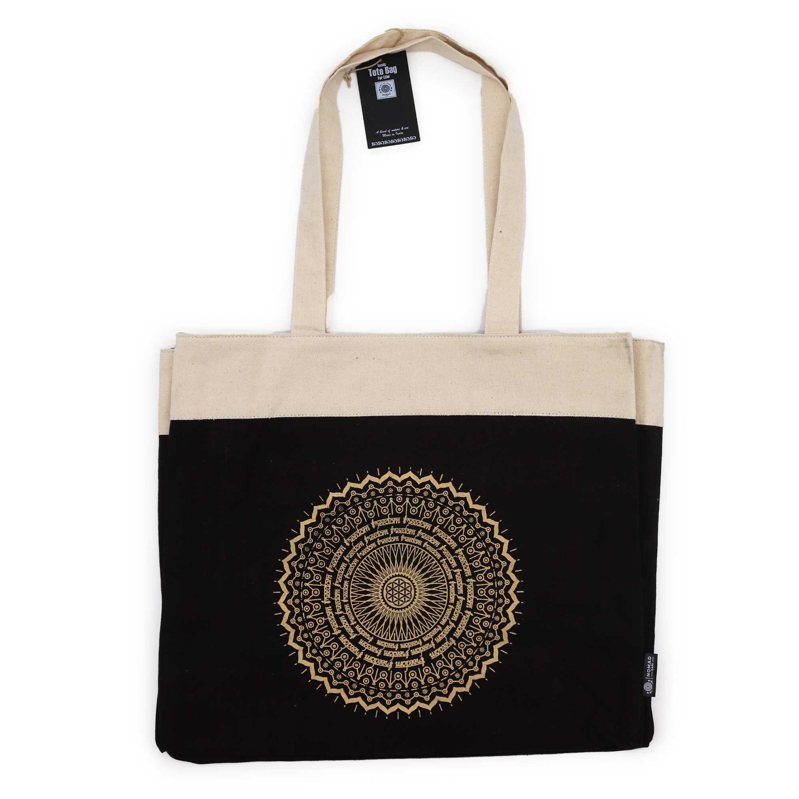 bG9jYWw6Ly9tZWRpYS8xTS9DRC82MFIzMEMxSDc0VzNDRDFNL2VlZjMyOWMyLmpwZWc.jpg Ancient Wisdom Chocolate Stonewash Oversized Tote Bag – Freedom Mandala - Image 1