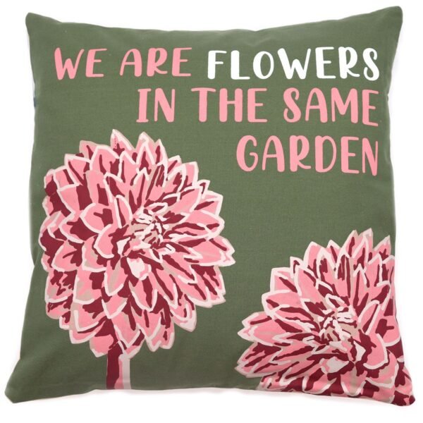 Ancient Wisdom Set of 3 'We Are Flowers' Printed Cotton Cushion Covers - Olive, Pink & Natural
