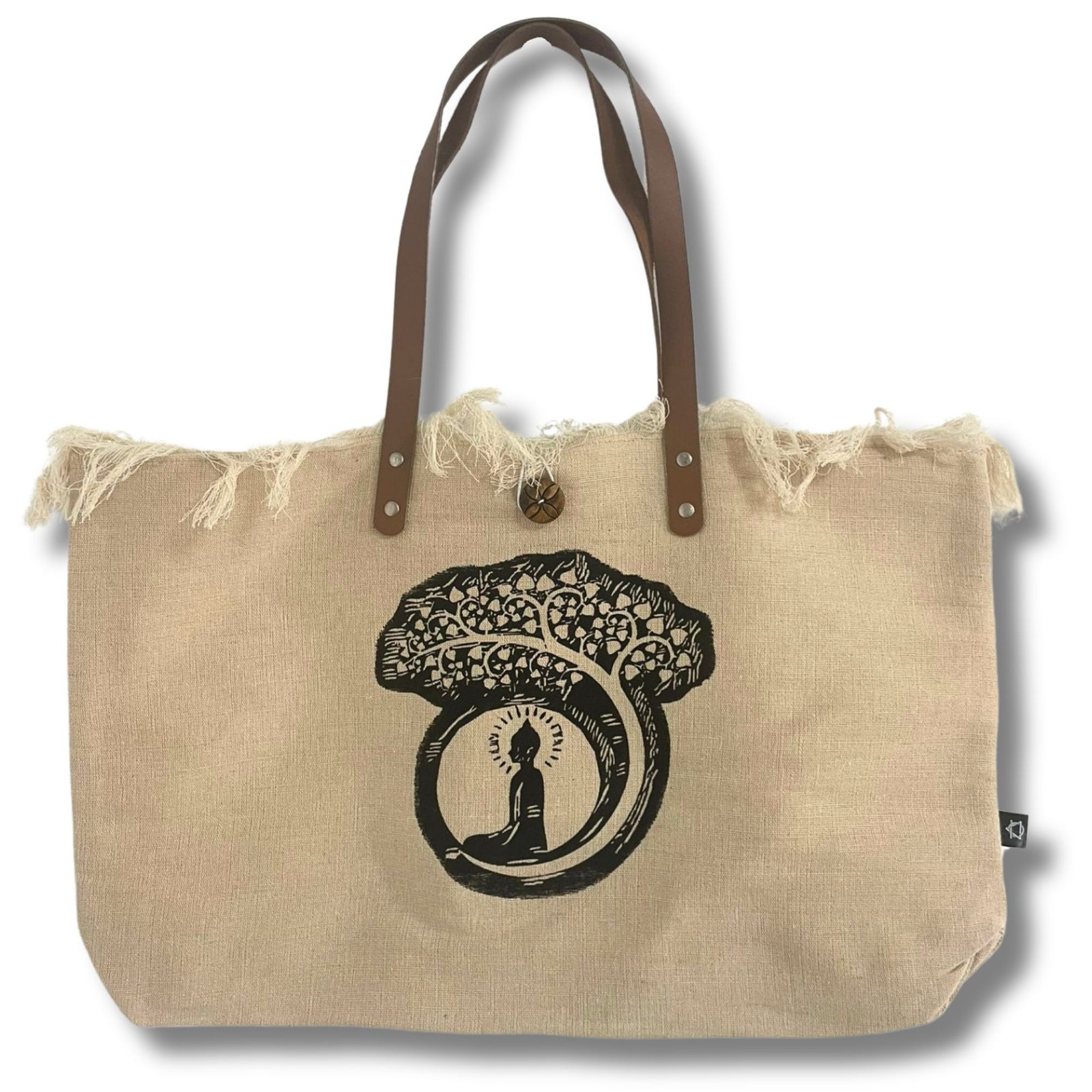bG9jYWw6Ly9tZWRpYS8xTi8yRC82MFIzMEMxRzZXVEsyRDFOLzRhODYzMTY4LmpwZWc.jpg Ancient Wisdom Natural Cotton Canvas Tote Bag with Leather Handle - Buddha Design - Image 1