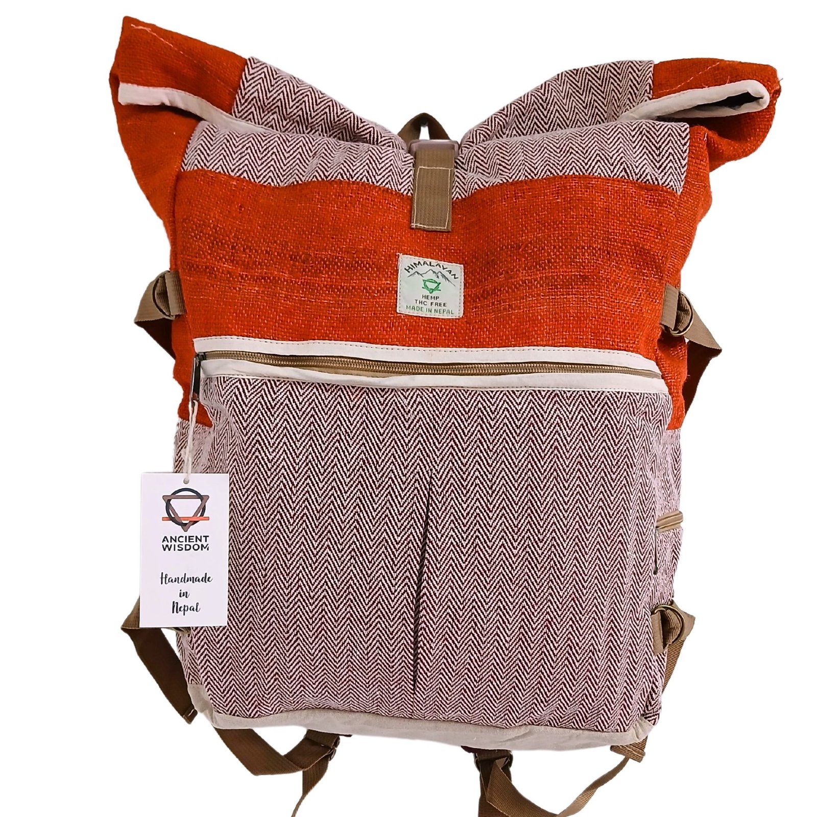 bG9jYWw6Ly9tZWRpYS8xUC8wQy82MFIzMEMxRzZXVEswQzFQLzM4M2FkZWQ2LmpwZWc.jpg Ancient Wisdom Sunset Orange Hemp Trekking Rolling Backpack - Image 1