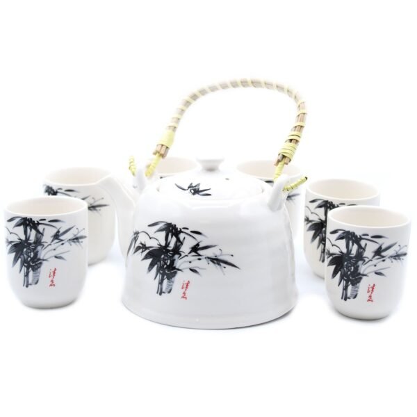 Ancient Wisdom Ceramic Herbal Teapot & 6 Matching Tea Cups – White Stone Oriental