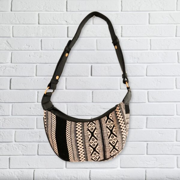 Ancient Wisdom Jacquard Grey Metro with Black Strap Hobo Bag