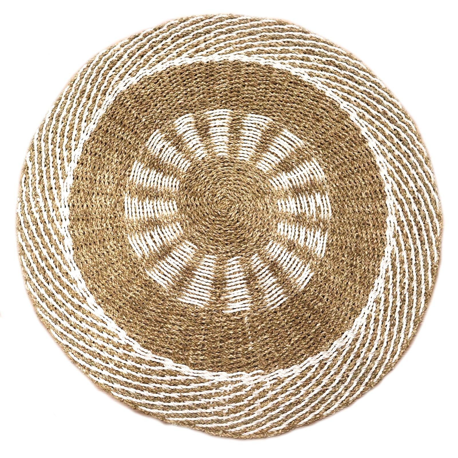 bG9jYWw6Ly9tZWRpYS8xUy8wRS82MFIzMEMxRzZSVDMwRTFTLzQwOTk0ZjU1LmpwZWc.jpg Ancient Wisdom Round Seagrass Inner Sun White & Tan Rug – 1m - Image 1