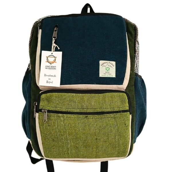 Ancient Wisdom Large Teal & Sage Boxy Hemp Backpack