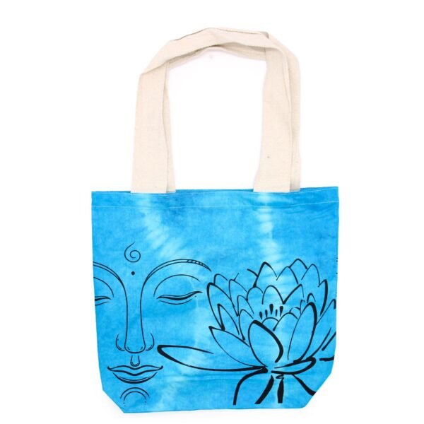 Ancient Wisdom Lotus Buddha Design Blue Tye-Dye Cotton Bag with Natural Handle