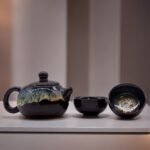 Ancient Wisdom Herbal Black Glaze Ceramic Teapot & Two Cups Set